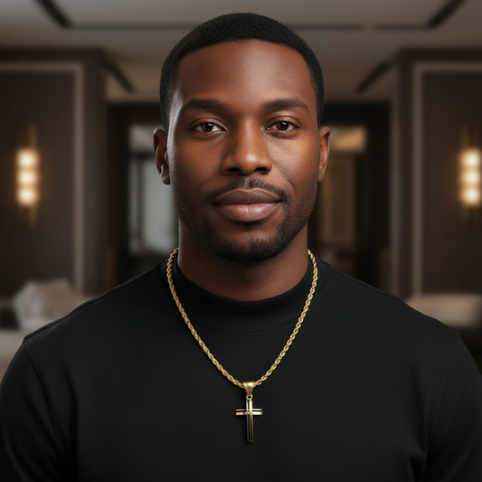 Man wearing a black shirt and gold necklace with a cross pendant in a blurred indoor setting
