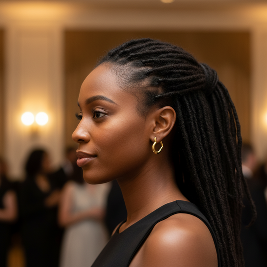 Woman with braided hair wearing a black dress in an indoor setting