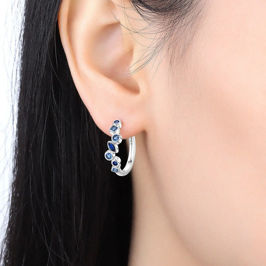925 Sterling Silver Blue Zircon Hoop Earrings