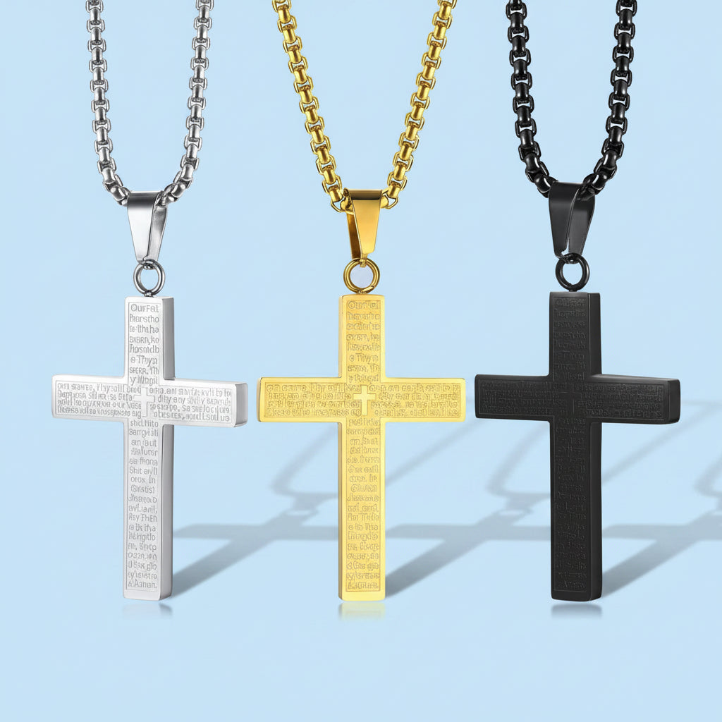 Three cross necklaces in silver, gold, and light blue on a white background