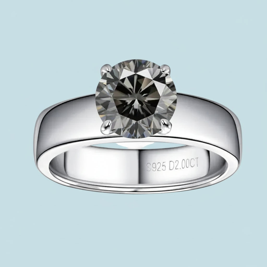 Silver ring with a large diamond on a light blue background