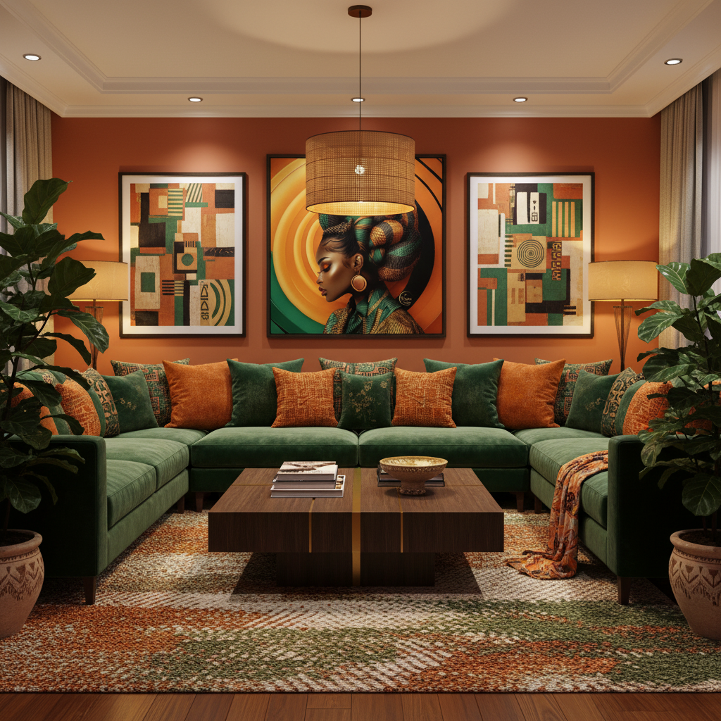 A styled living room featuring a large green sectional sofa with orange and green accent pillows, a dark wood coffee table, a patterned rug, and three framed abstract and portrait artworks on a terracotta wall.