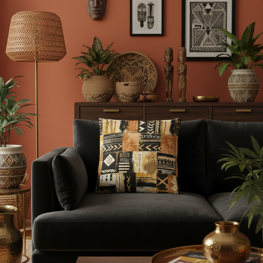 A square throw pillow with a patchwork tribal pattern in beige, brown, black, and white, styled on a black velvet sofa in a warm, decorated living room.