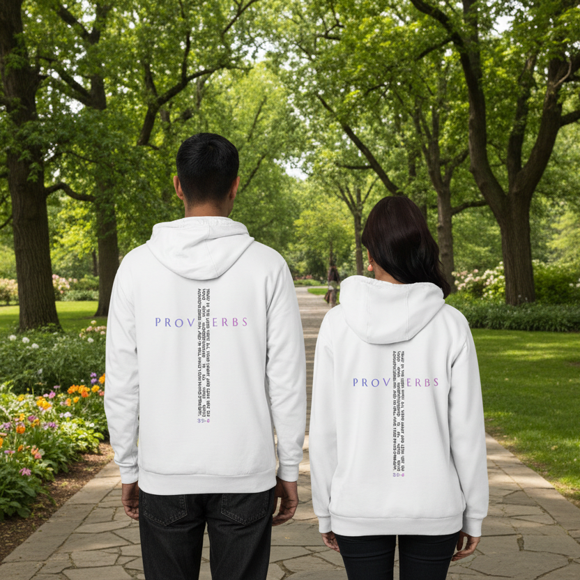 Two people wearing white hoodies with 'PROVERBS' text in a park setting.