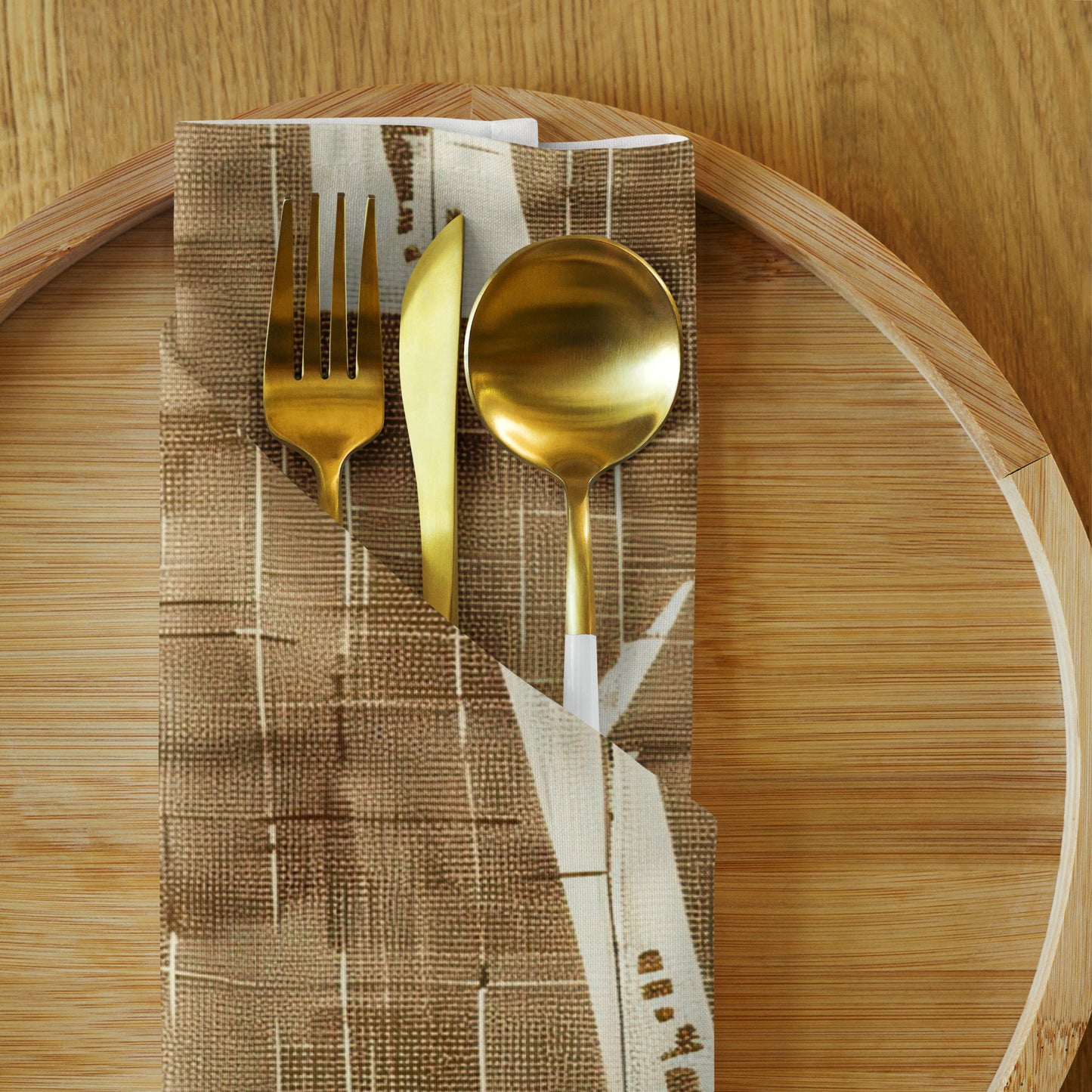 Gold-colored metal cutlery, including a fork, knife, and spoon, arranged on a brown and beige plaid napkin over a round wooden tray.