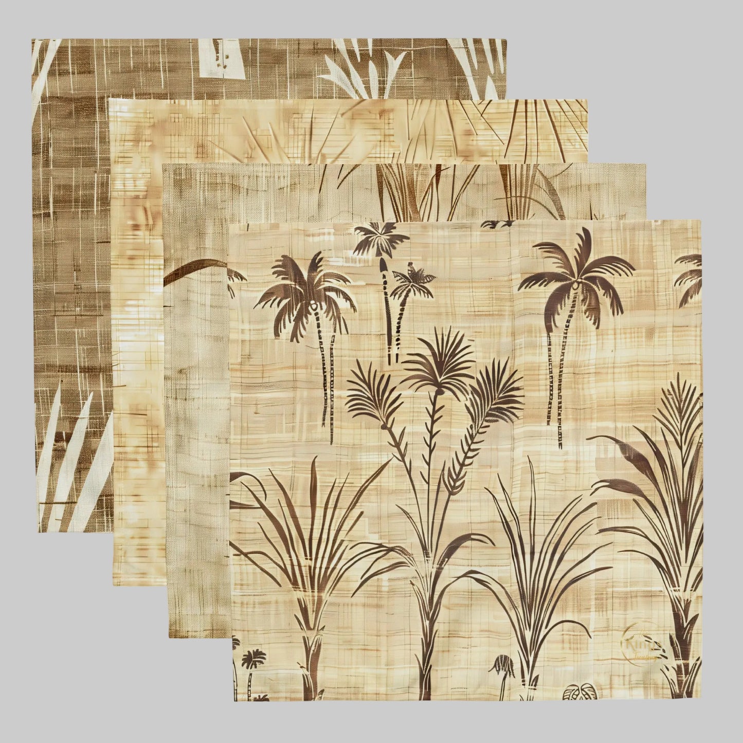 Four square placemats or napkins with a tropical palm tree and grass pattern in dark brown on a warm beige background, arranged in a staggered stack on a white background.