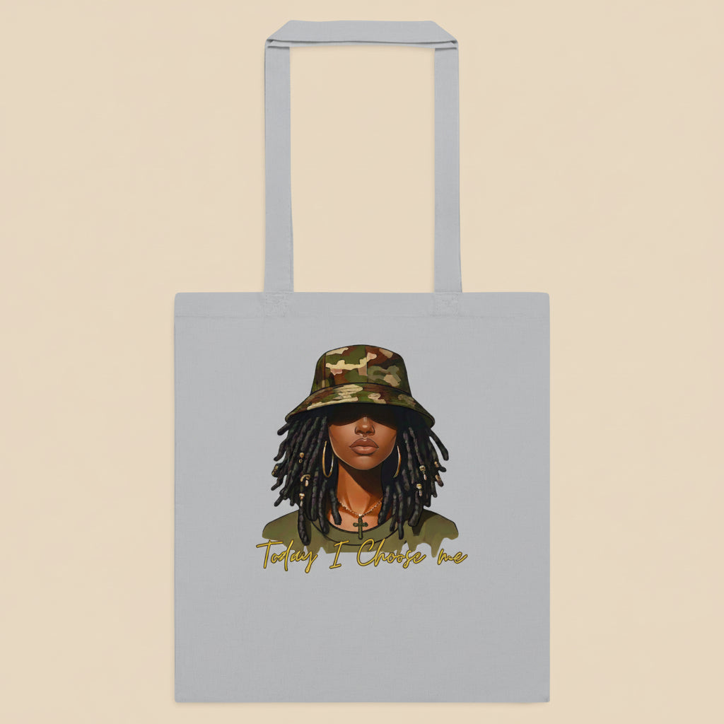 Tote bag with a graphic of a person wearing a camouflage hat and text on a white background