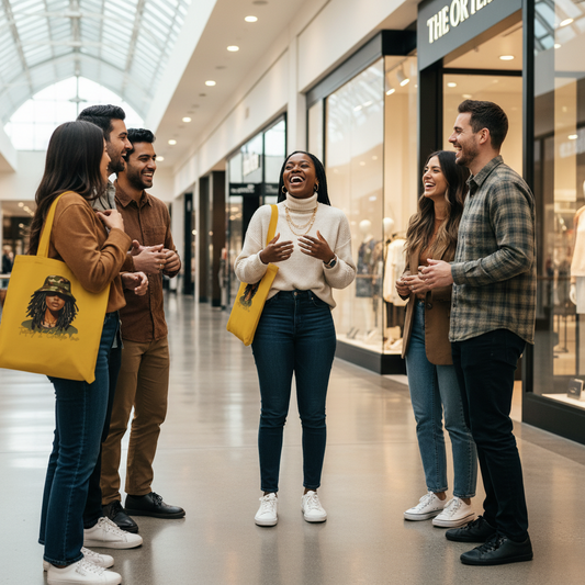 Group of people standing and talking in a shopping mall.