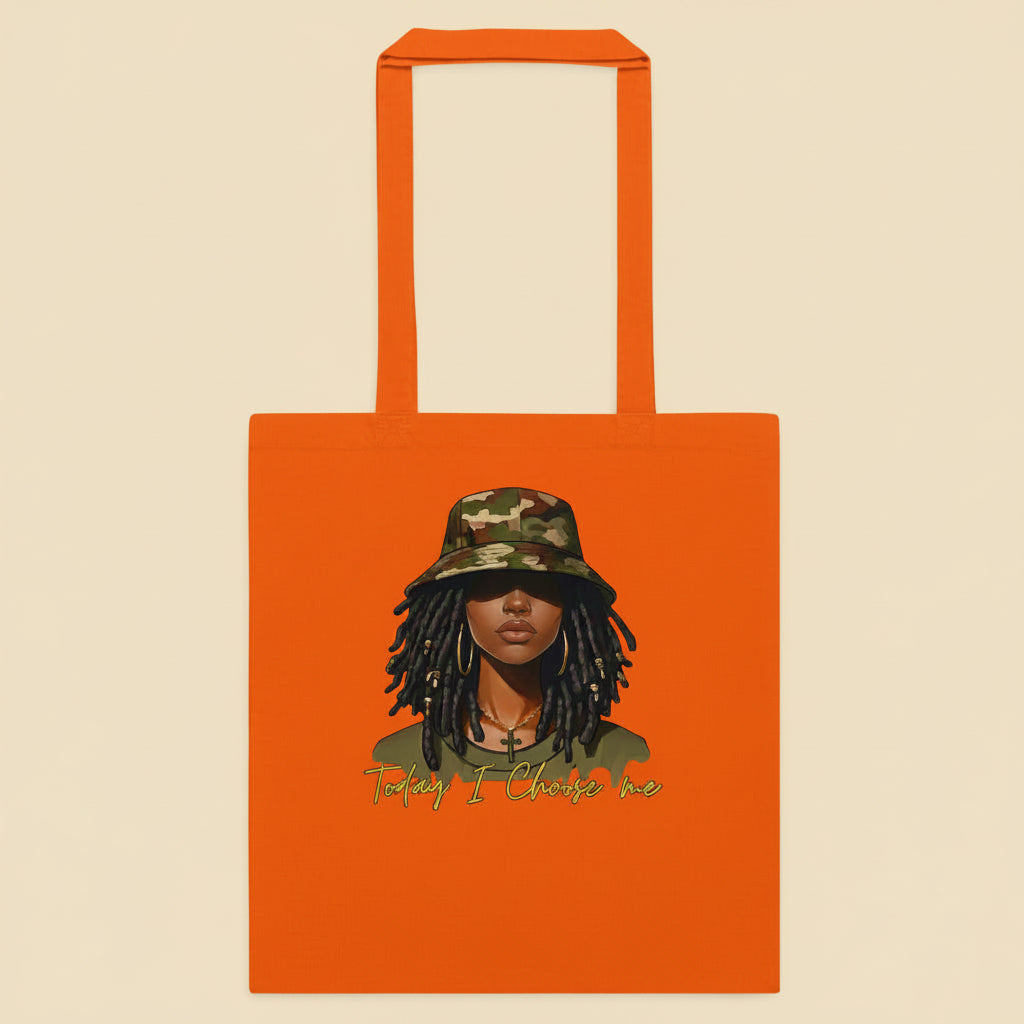 Orange tote bag with a graphic of a person wearing a camouflage hat and text on a beige background
