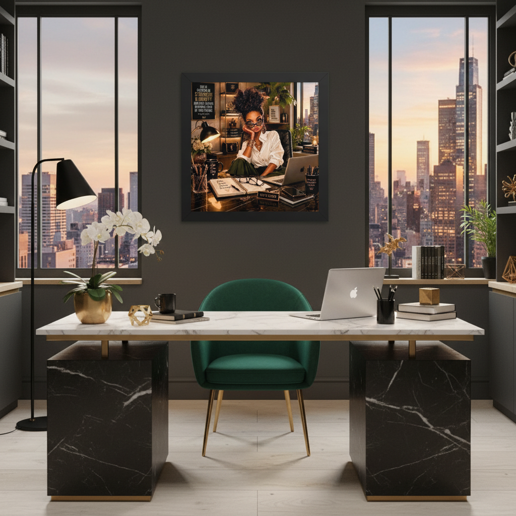 A framed custom portrait print of a woman working at a desk, displayed on a dark gray wall above a modern desk setup with a green chair and marble-topped console tables, set against a city skyline at sunset.