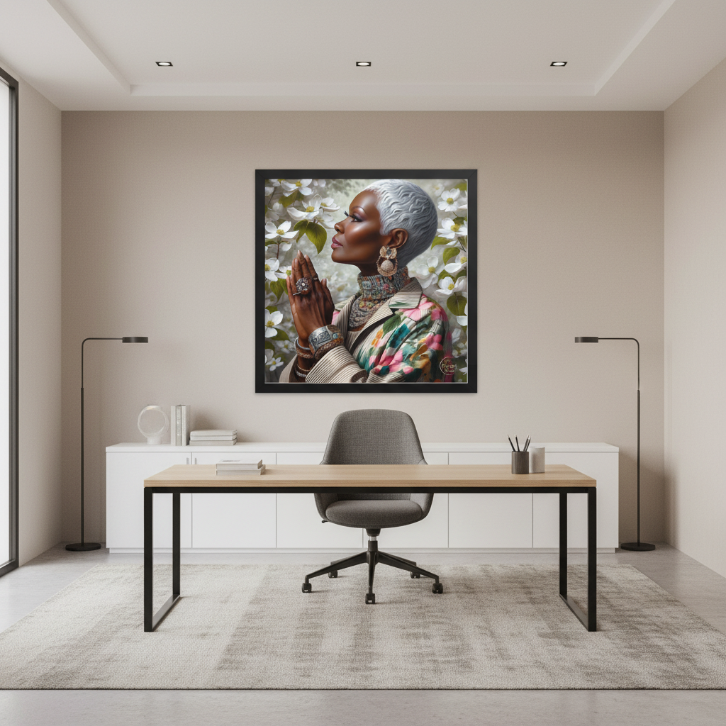 Modern office with a desk and chair, featuring a framed artwork of a woman on the wall.