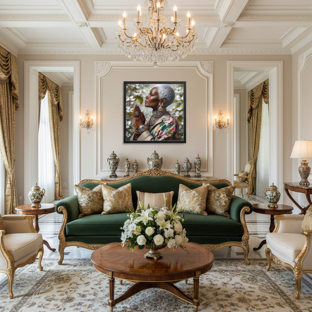 A luxurious classical interior room featuring an ornate dark green velvet sofa with gold-trimmed arms, matching patterned pillows, a round wooden coffee table with a white rose arrangement, and a large framed portrait hanging on the wall.