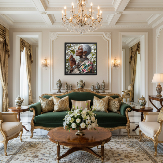 A luxurious classical interior room featuring an ornate dark green velvet sofa with gold-trimmed arms, matching patterned pillows, a round wooden coffee table with a white rose arrangement, and a large framed portrait hanging on the wall.