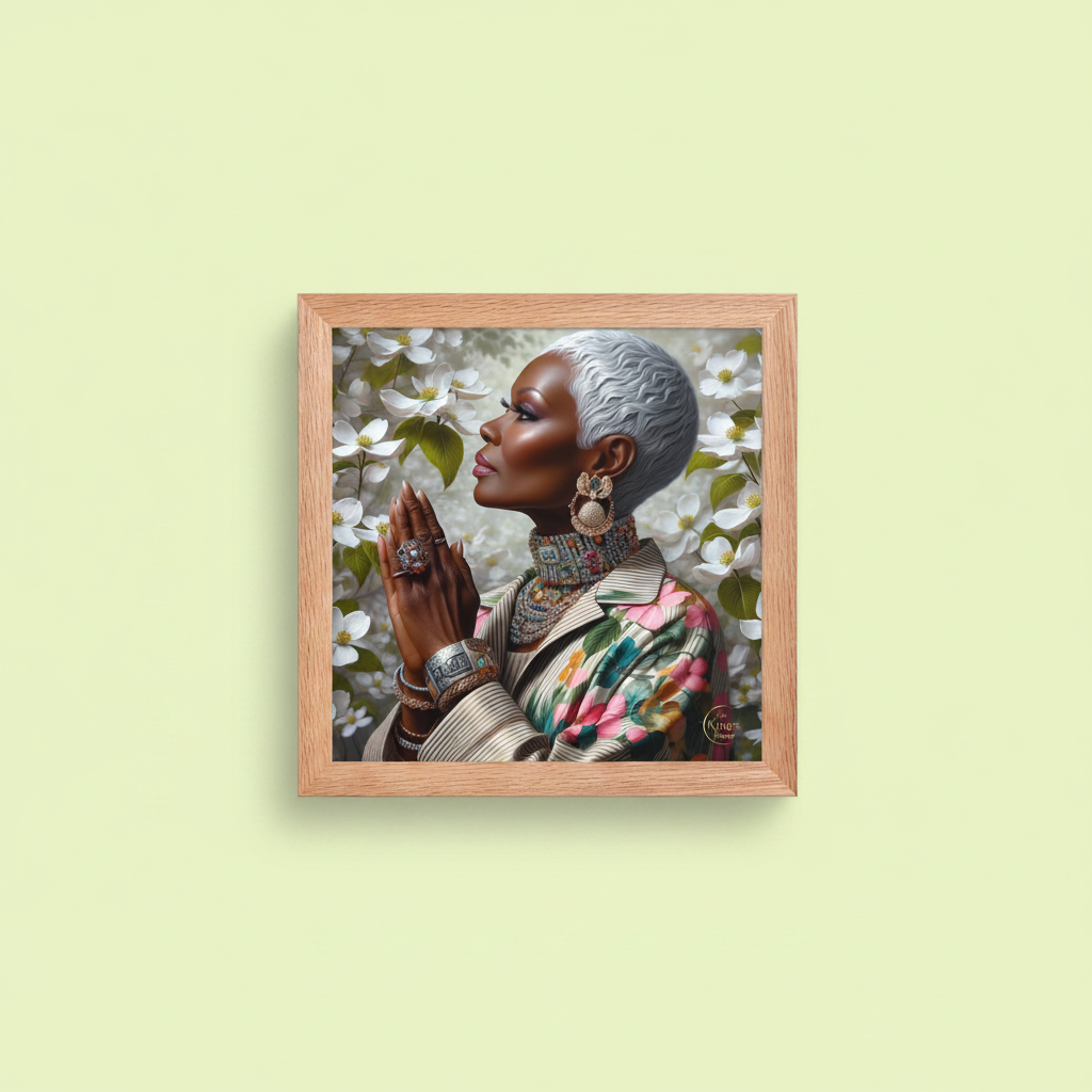 A square framed art print featuring a portrait of a woman with short gray hair, wearing colorful floral clothing and ornate jewelry, set against a background of white blossoms. The print is housed in a light natural wood frame and is displayed on a pale green wall.