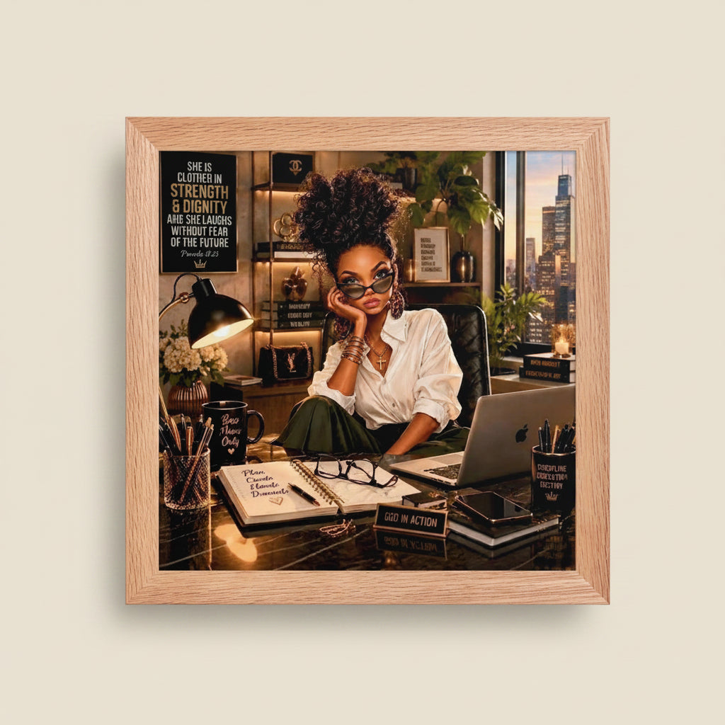 A square framed art print featuring a woman in a modern office setting with a laptop, notebook, and city skyline in the background, enclosed in a light oak wood frame against a white backdrop.