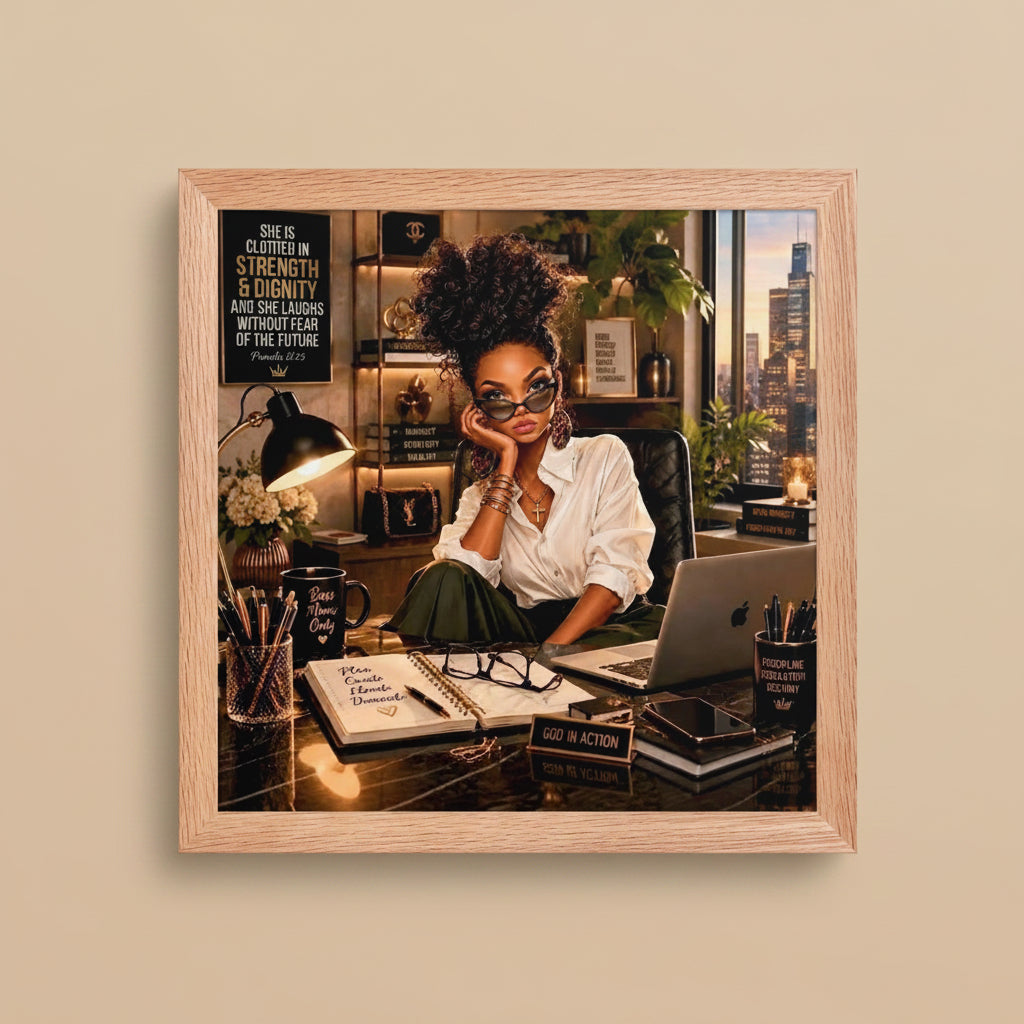 A square framed art print featuring a woman sitting at a desk in a warmly lit office with books, plants, and a city skyline at the window. The print is enclosed in a light natural wood frame and shown against a plain white background.