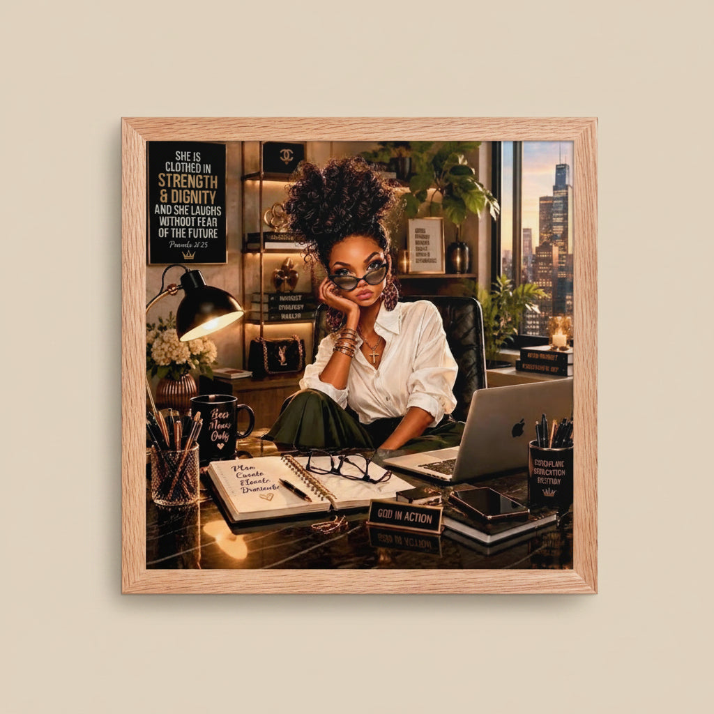 A square framed art print featuring a woman sitting at a desk in a warmly lit office, surrounded by books, plants, and office accessories. The print is enclosed in a light natural wood frame and shown against a plain white background.