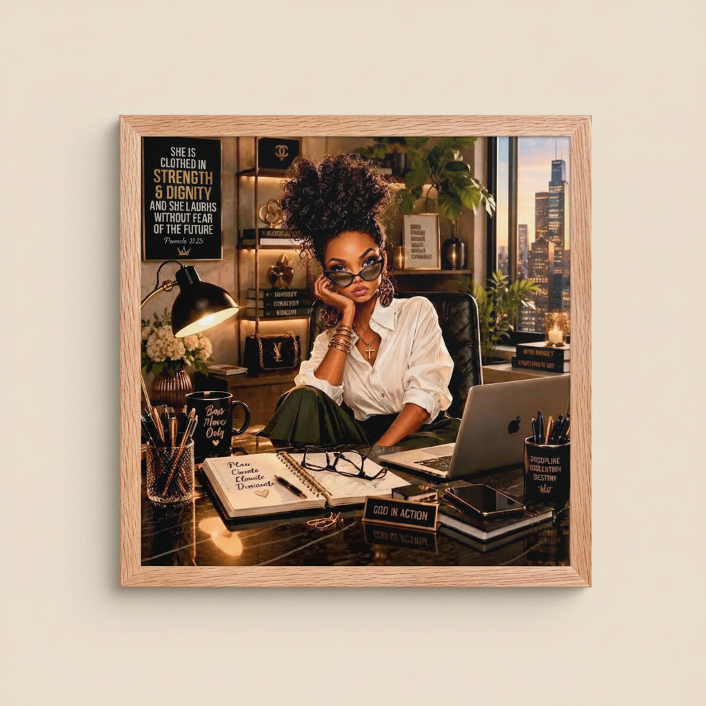 A square framed art print featuring a woman with an afro sitting at a desk in a cozy office setting, surrounded by books, a lamp, and a laptop, with a city skyline visible in the background. The print is enclosed in a light natural wood frame and is shown against a plain white background.
