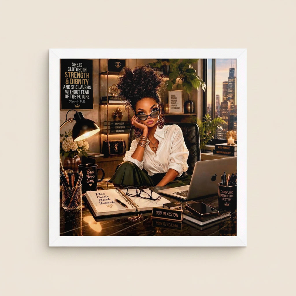 A square art print featuring a woman with curly hair sitting at a desk in a cozy, decorated office space with books, a lamp, and a laptop, surrounded by a white border.