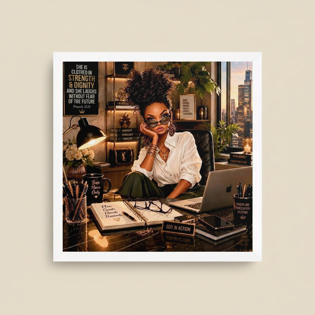 A square art print featuring a woman with curly hair sitting at a desk in a warmly lit office, surrounded by books, a laptop, and motivational quotes. The print is centered on a white background.