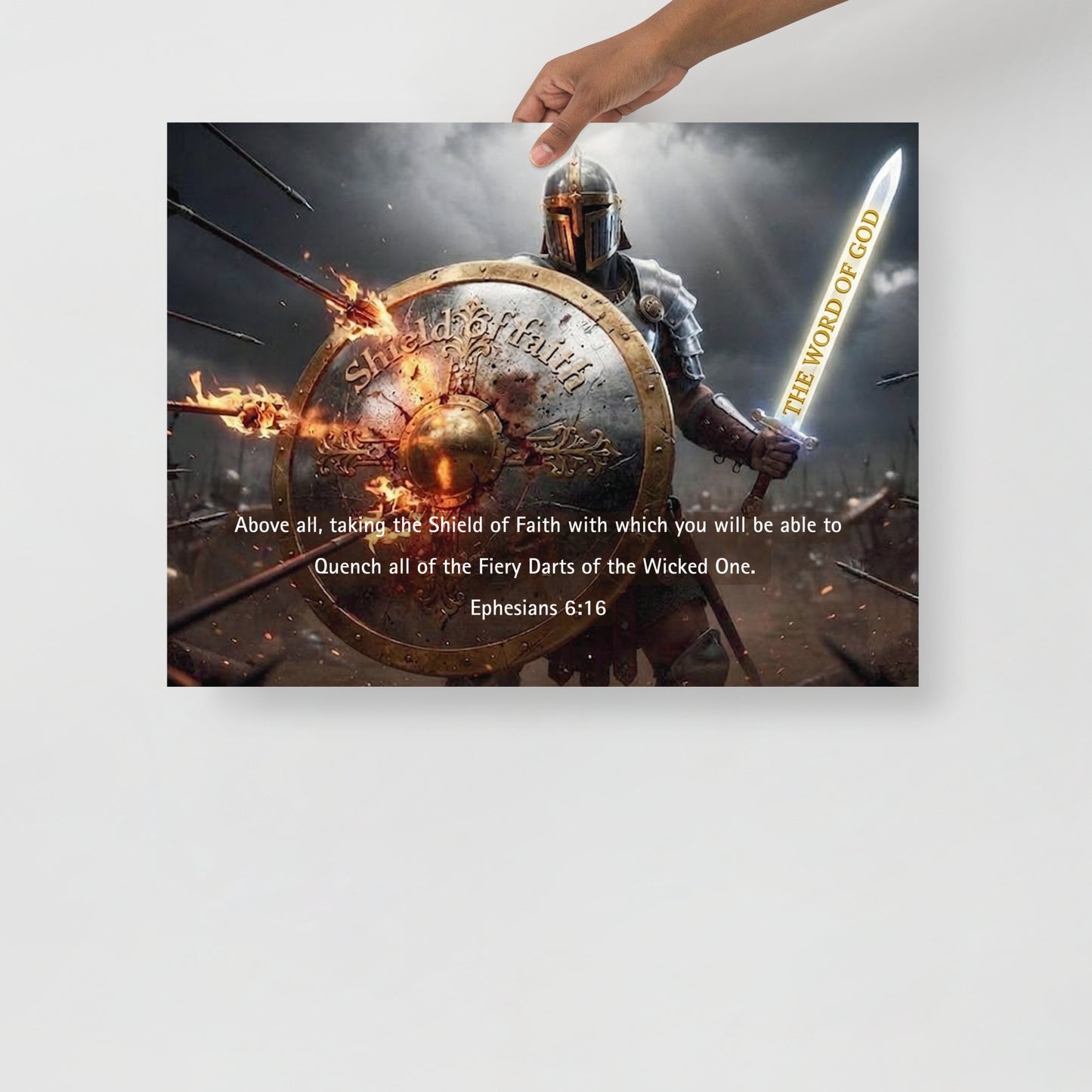 Illustration of a warrior with a shield labeled 'Shield of Faith' against a dark background.