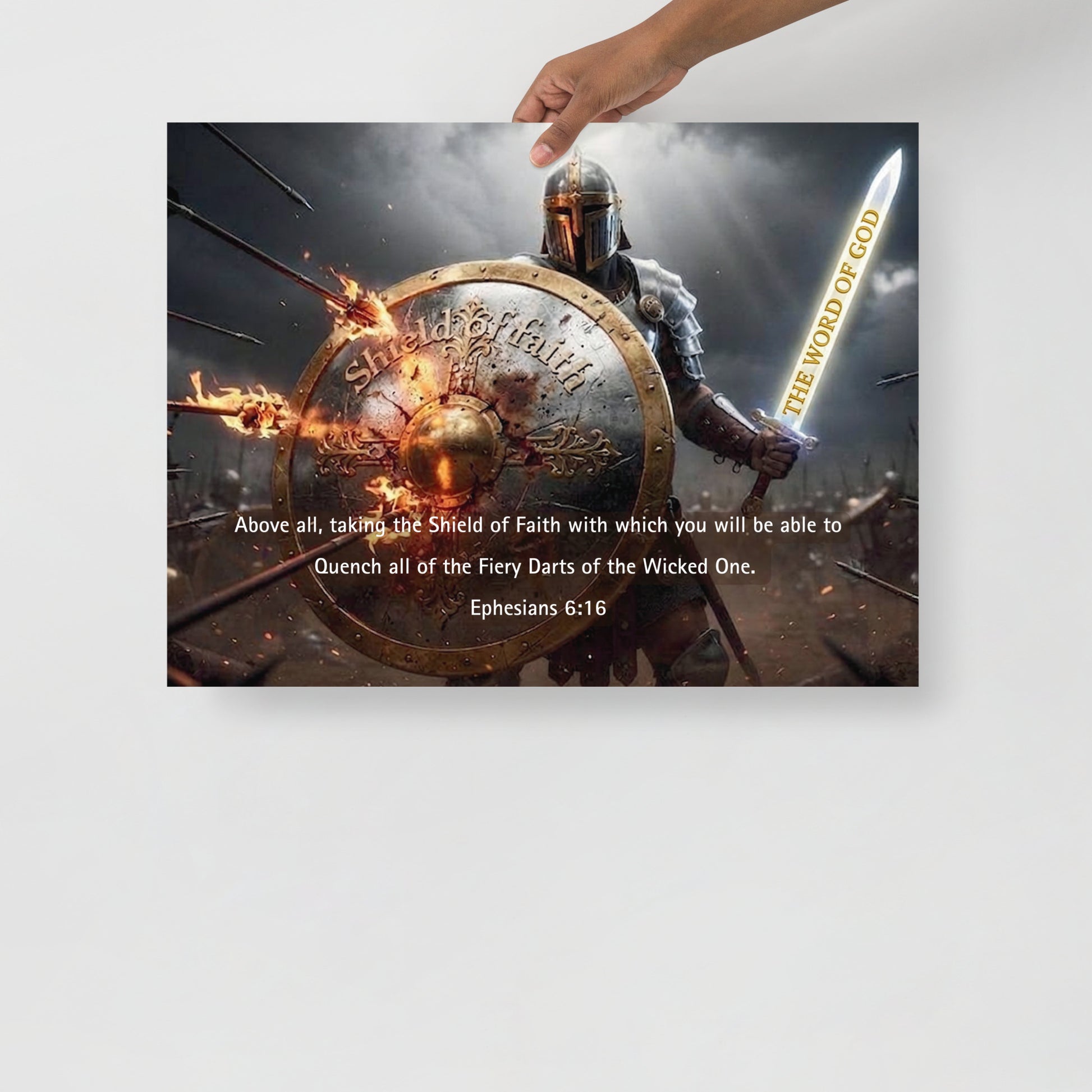 Illustration of a warrior with a shield labeled 'Shield of Faith' against a dark background.