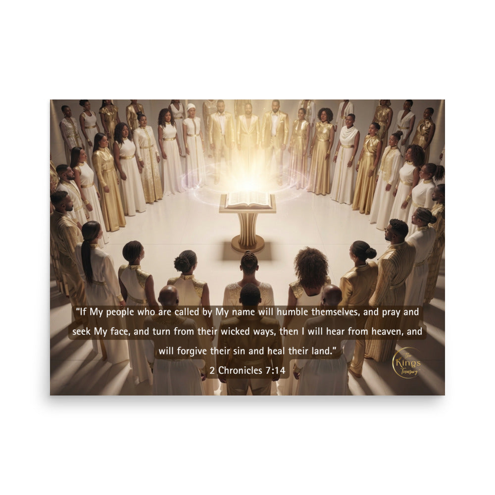 A rectangular wall art print or poster showing a group of people in white and gold robes gathered around a glowing table in a temple-like interior. A Bible verse from 2 Chronicles 7:14 is printed across the lower portion, with a small 'The Word is God' logo in the bottom right corner.