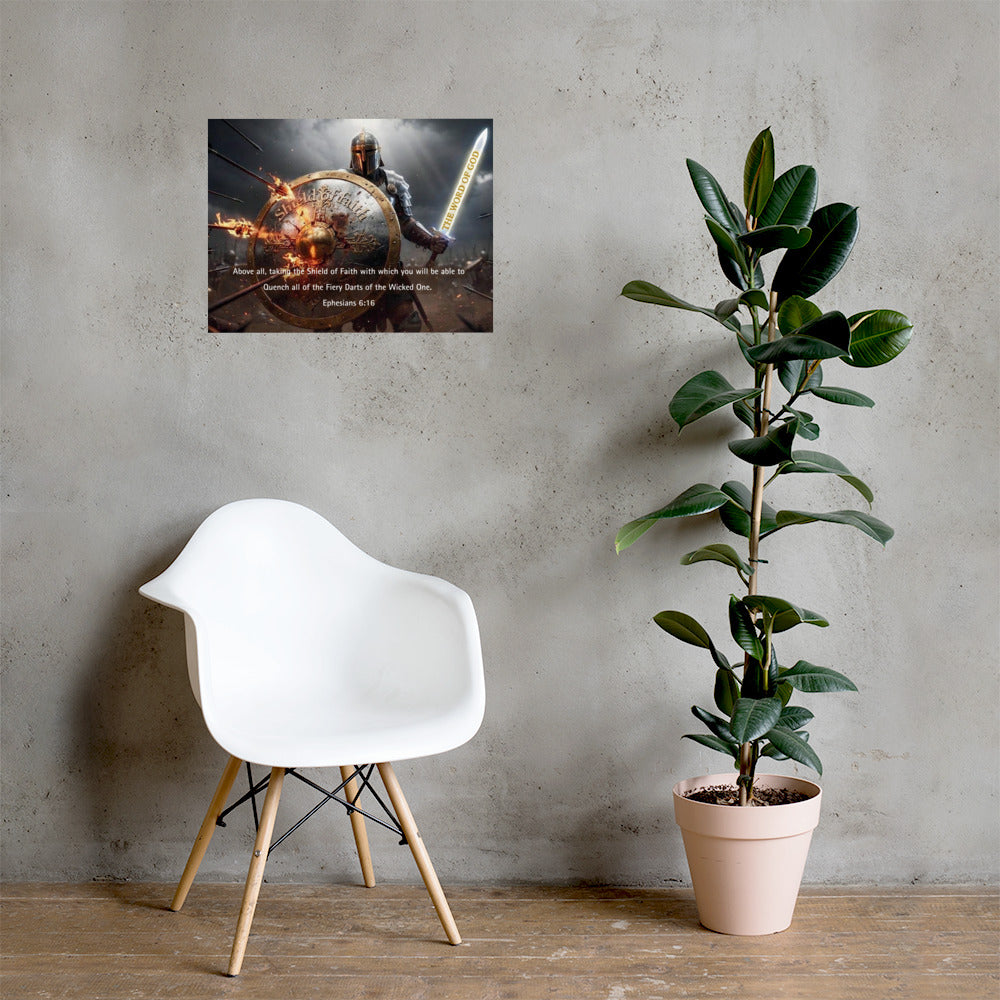 White chair and potted plant against a gray wall with a framed picture with an inspirational poster on the wall.