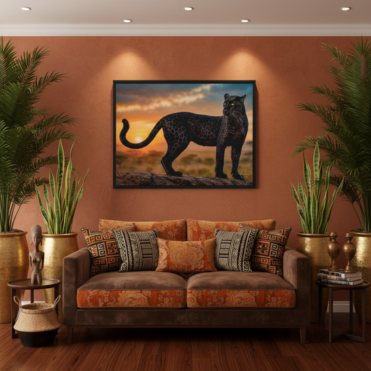 A framed wall art print of a black leopard at sunset hangs above a brown sofa in a styled living room with plants, gold vases, and patterned pillows.