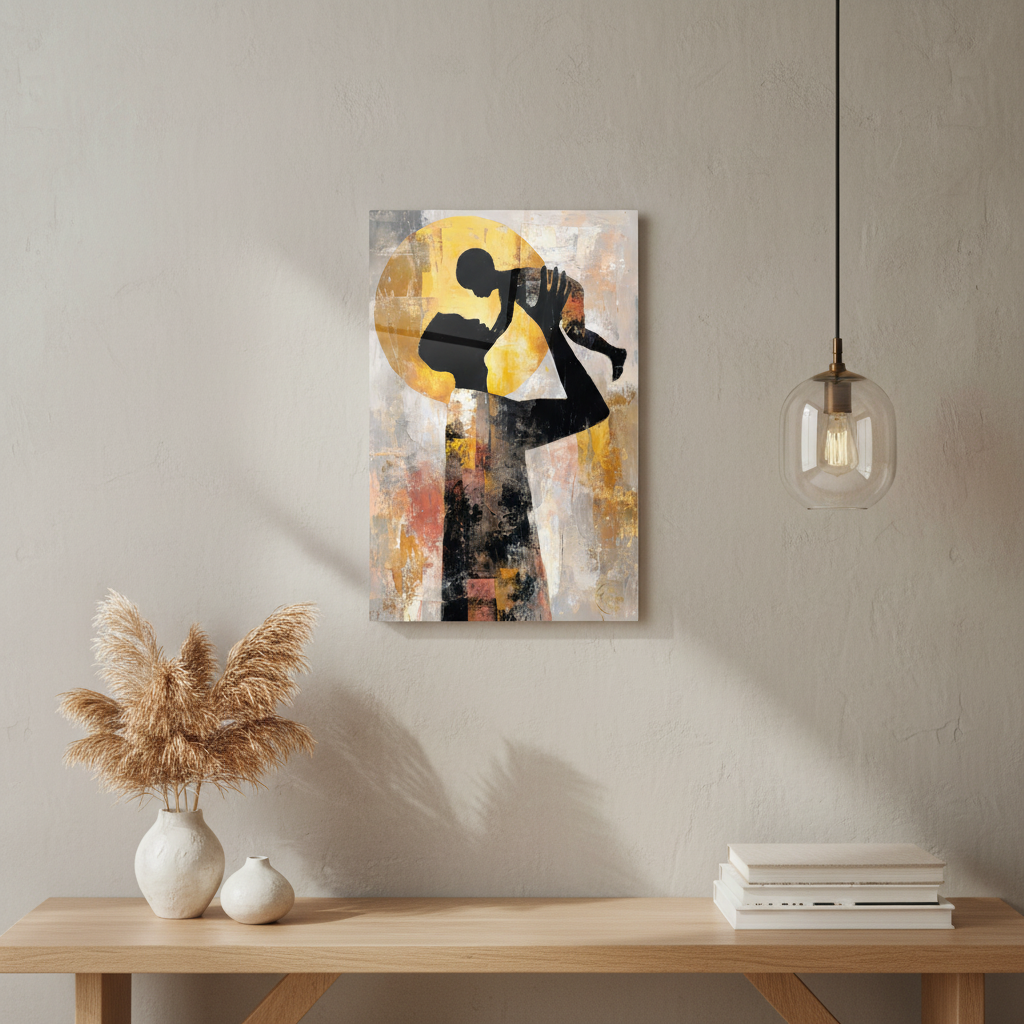 A vertical canvas art print featuring a black silhouette of a father holding a child in front of a yellow sun and abstract background, displayed on a textured beige wall above a wooden console table with decorative vases and books.