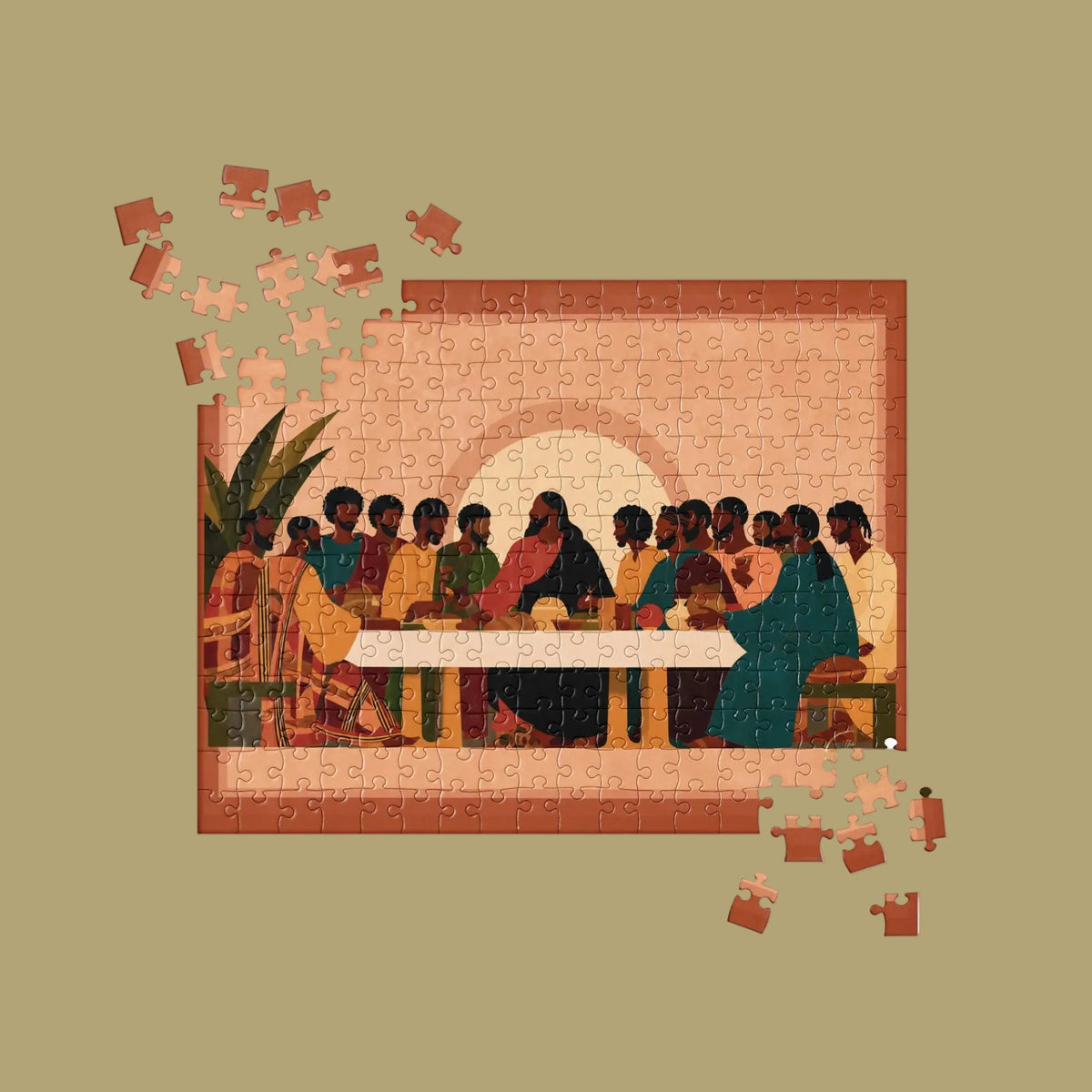 A completed jigsaw puzzle showing a stylized painting of the Last Supper, with several loose puzzle pieces floating around it on a plain white background.