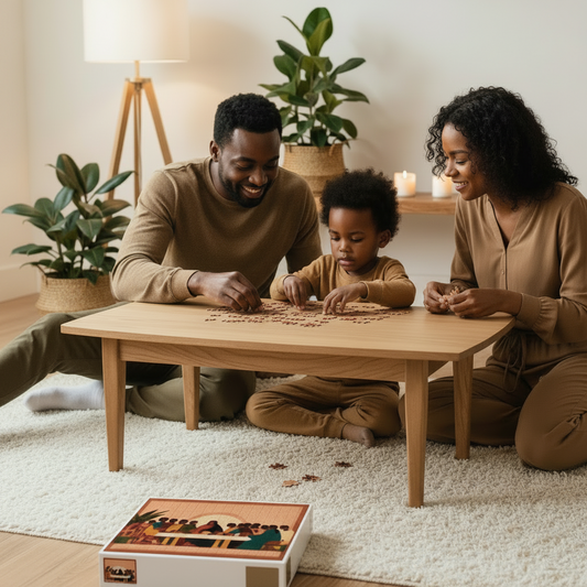 A family of three sits on a cream rug around a light wood table, assembling a jigsaw puzzle. The father and mother wear matching tan outfits, and a puzzle box with a colorful illustration is visible in the foreground.