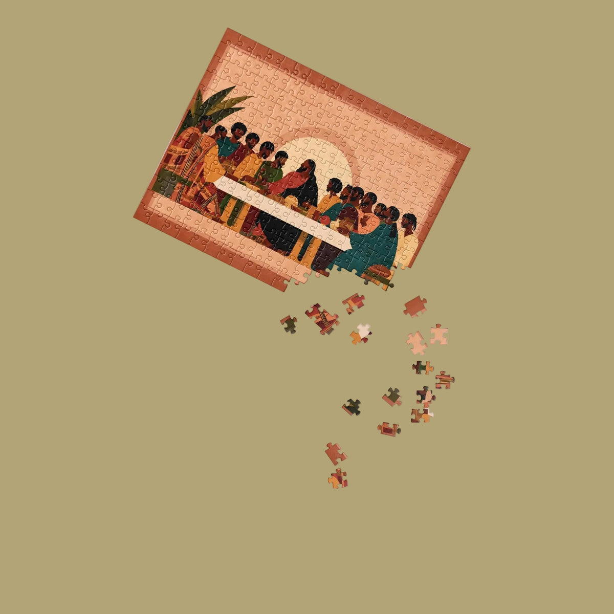 A rectangular jigsaw puzzle with a warm-toned illustration of a group of people gathered around a table, shown tilted with loose puzzle pieces scattered below it on a white background.