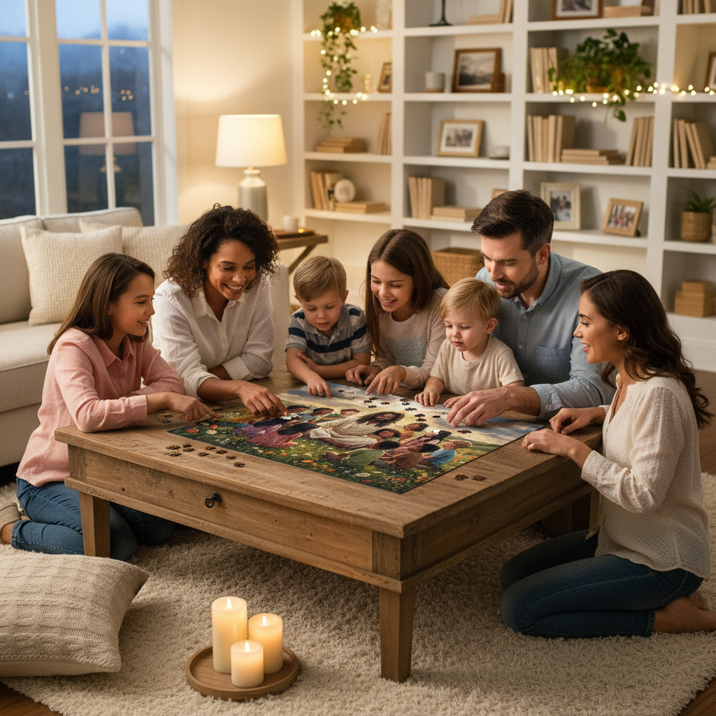 A family of six gathered around a wooden coffee table in a cozy living room, looking at and assembling a colorful jigsaw puzzle. The scene is warmly lit by a table lamp, shelf lights, and candles on the floor, with bookshelves and a sofa in the background.