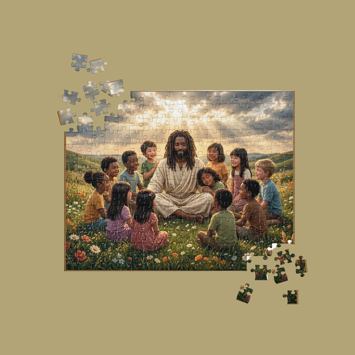 A completed jigsaw puzzle showing Jesus sitting in a field with children, surrounded by scattered puzzle pieces on a white background.