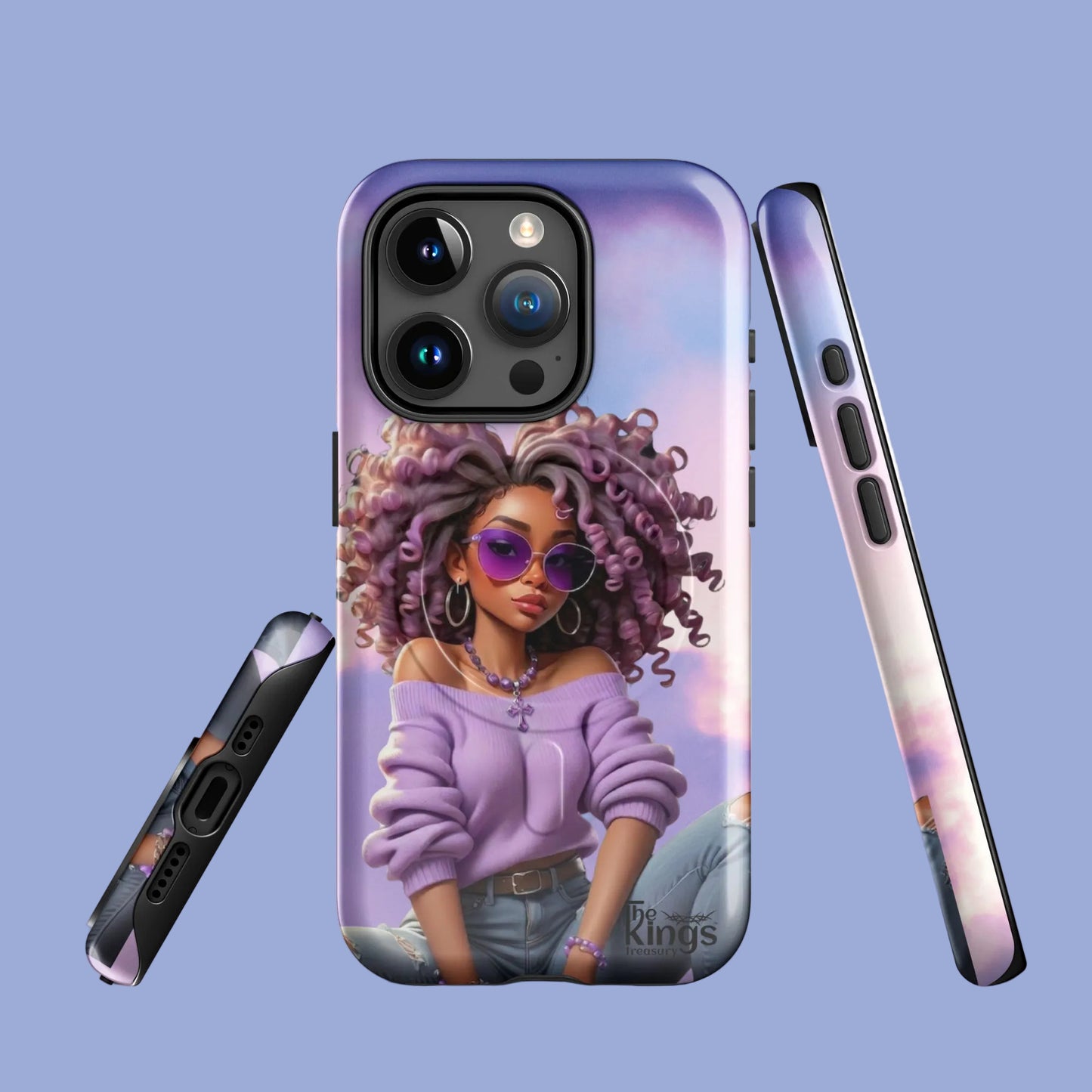 Phone case with an illustration of a woman with purple hair and sunglasses on a gradient background