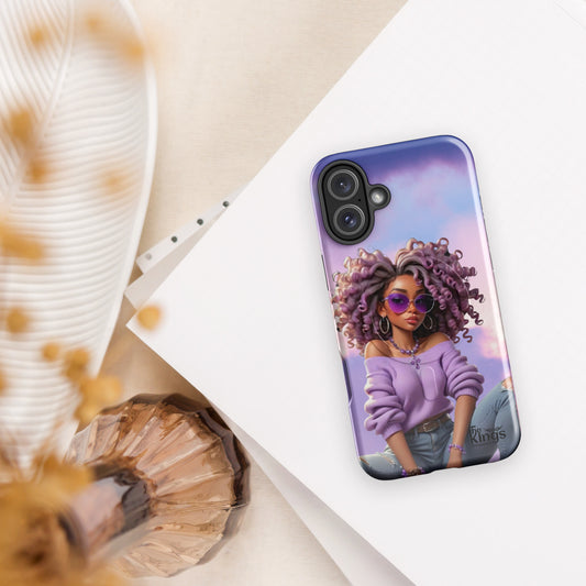 Phone case with a colorful design of a woman with an afro on a white surface.