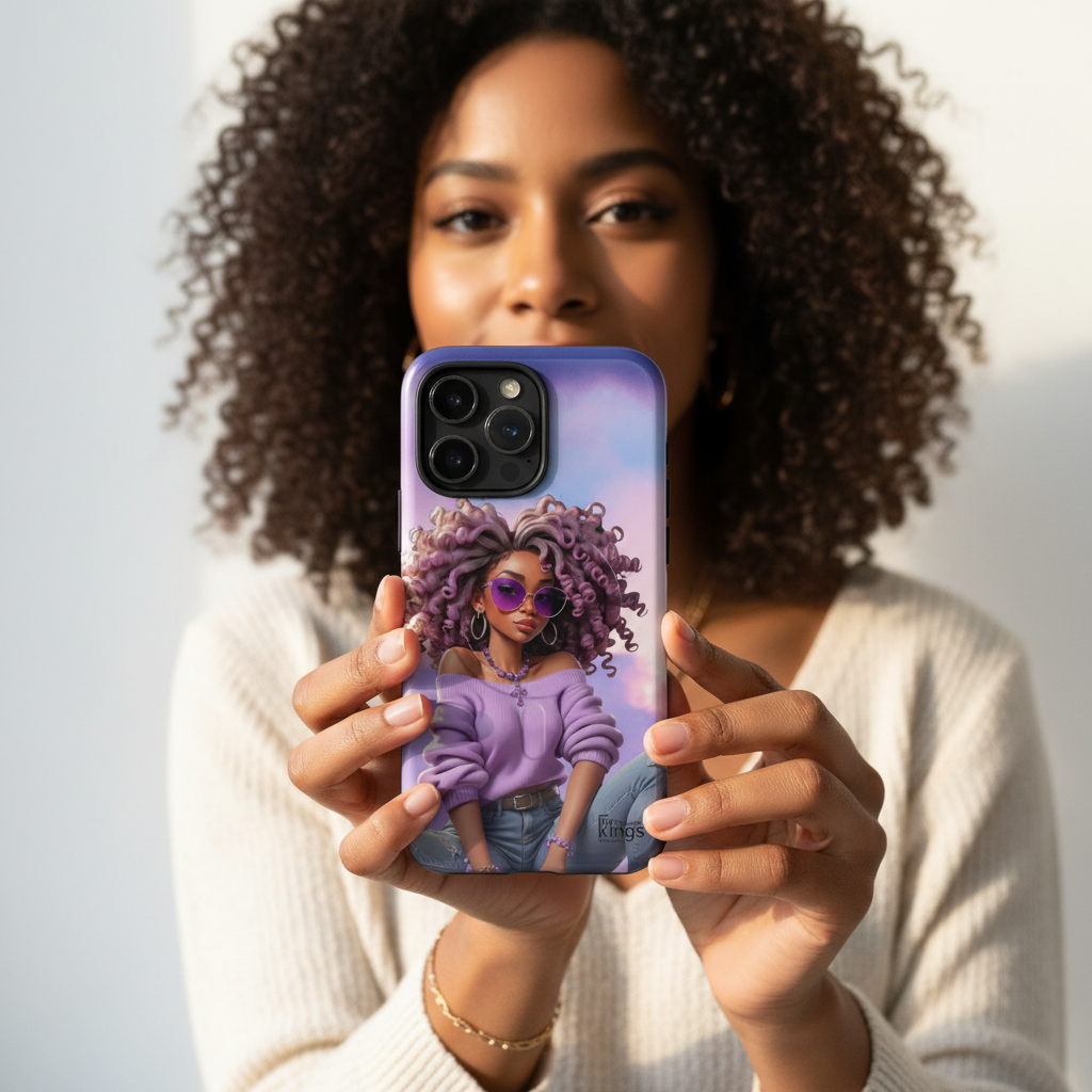 Person holding a phone case with a design of a woman with purple hair.
