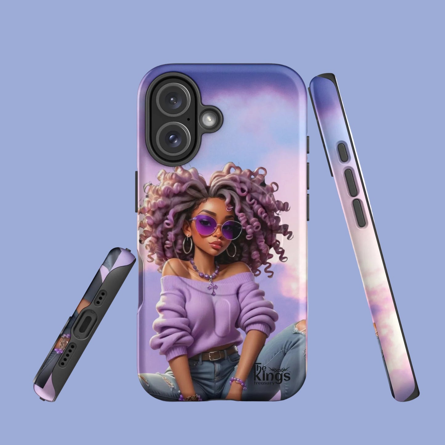 Phone case with a design of a woman with purple hair and sunglasses on a gradient background