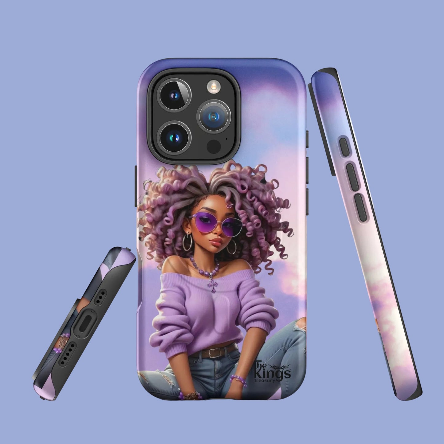 Phone case with an illustration of a woman with purple hair and sunglasses on a gradient background