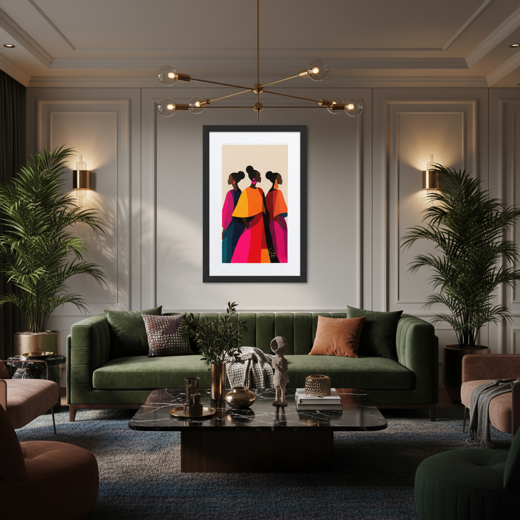 A framed art print featuring a colorful vector illustration of three women in profile wearing vibrant, geometric-patterned garments. The print is framed with a white mat and a sleek black frame, set against a plain white background.