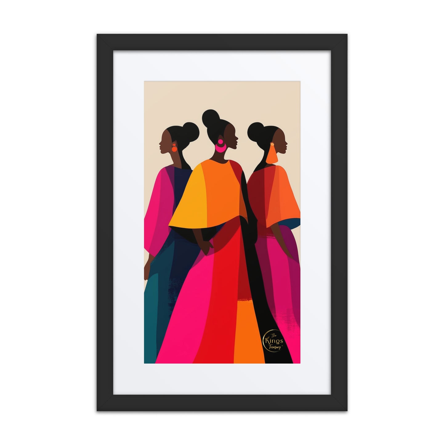 A framed art print featuring a stylized illustration of three Black women in profile wearing vibrant, colorful traditional garments. The print is housed in a white mat and a sleek black frame, set against a clean white background.