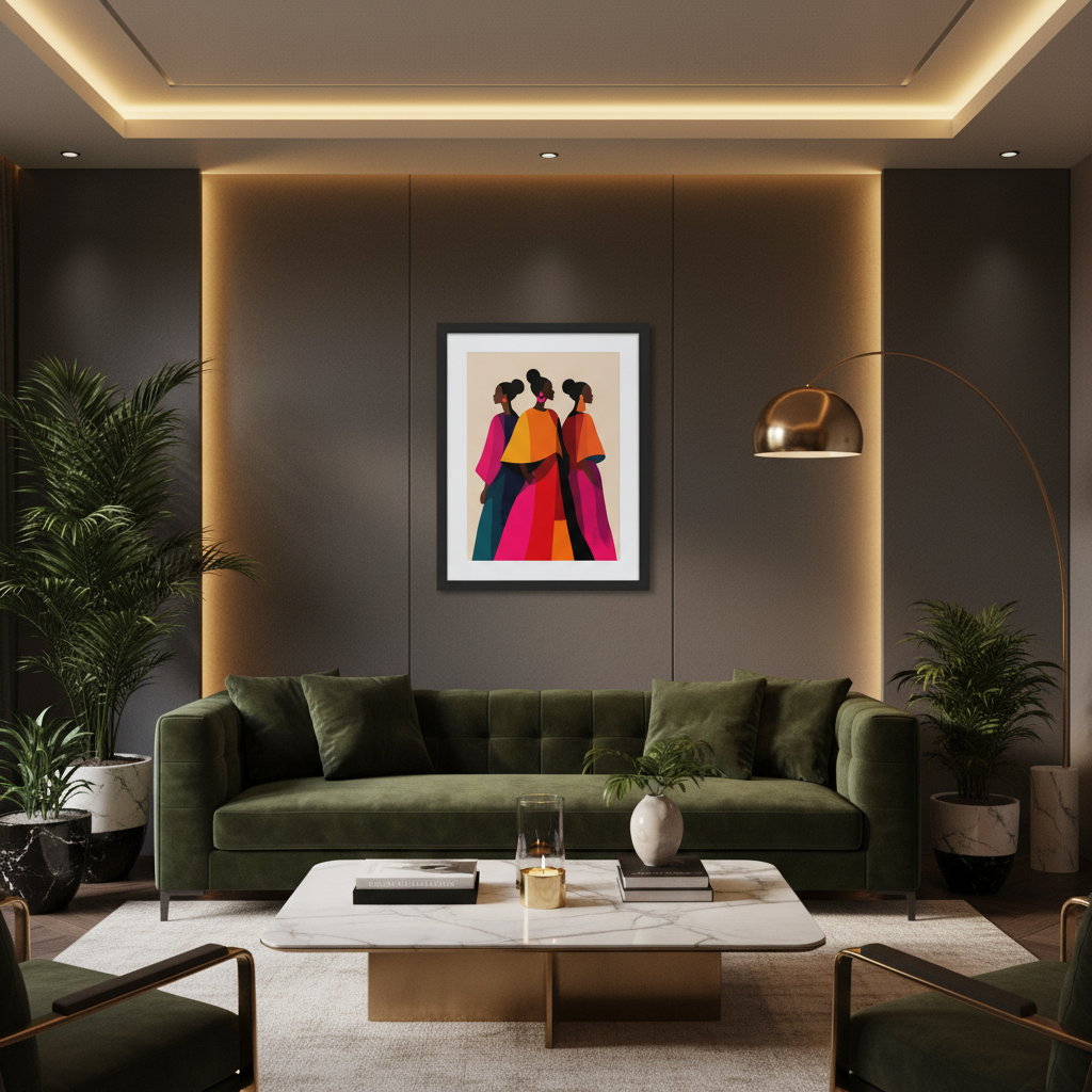 A modern living room with a dark green velvet sofa, a marble-top coffee table, potted plants, and a framed colorful art print on the wall above the sofa.