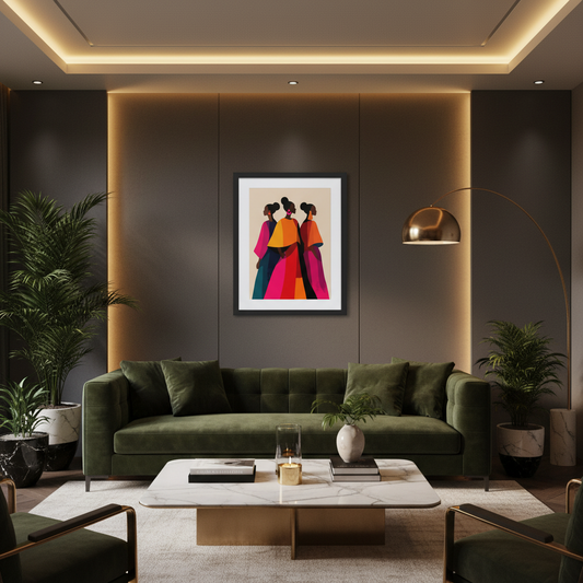 A modern living room with a dark green velvet sofa, a marble-top coffee table, potted plants, and a framed colorful art print on the wall above the sofa.