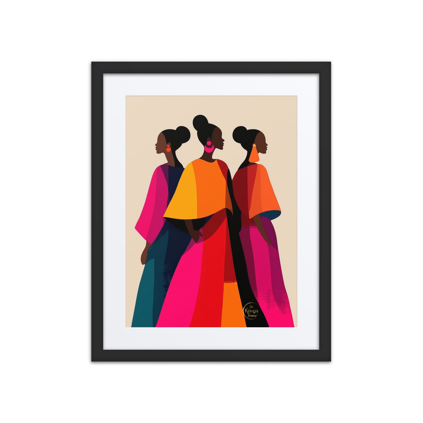 Framed wall art featuring a stylized illustration of three women in profile wearing colorful garments, shown in a black frame with a white mat against a light gray background.