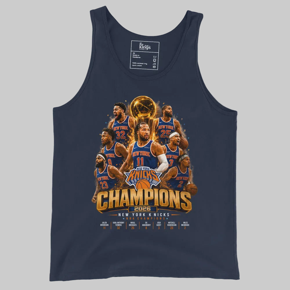 Navy tank top with New York Knicks championship design on a white background