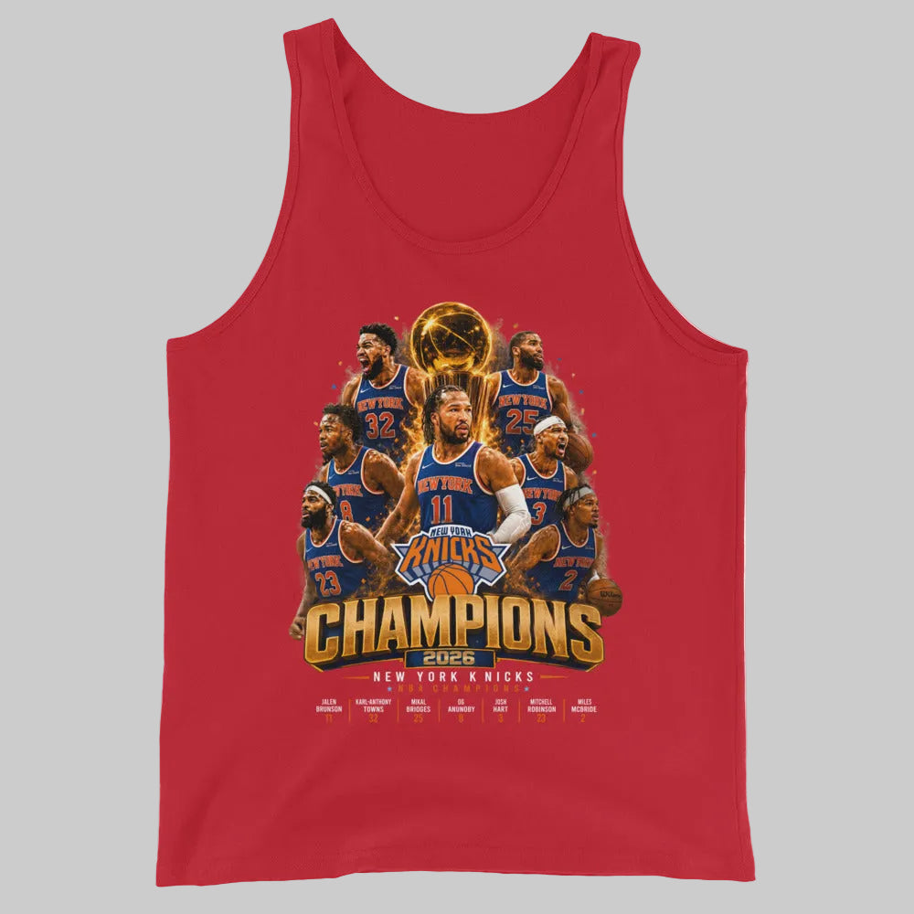 Gray tank top with New York Knicks championship design on a white background