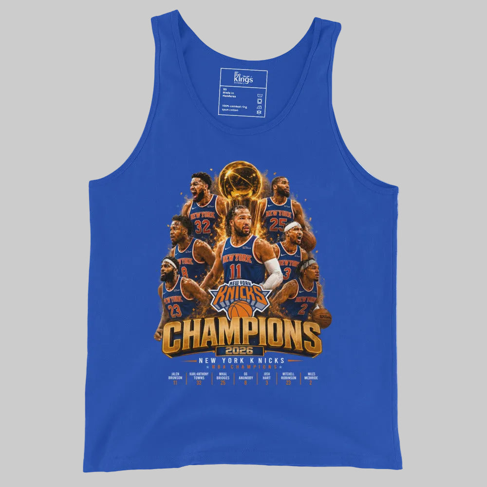 Blue tank top with New York Knicks Champions design on a white background