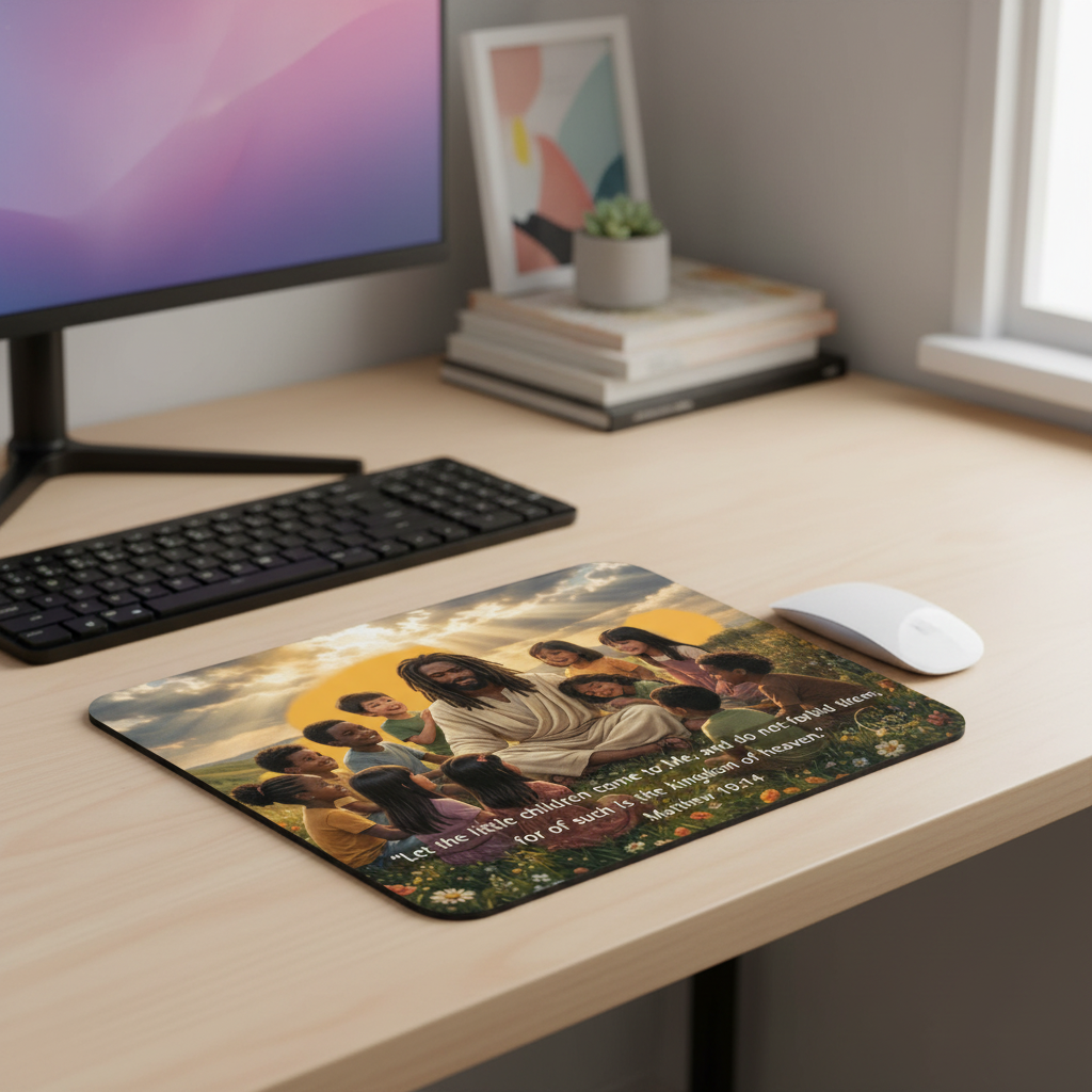Desk setup with a mouse pad featuring a religious design, keyboard, and computer monitor.