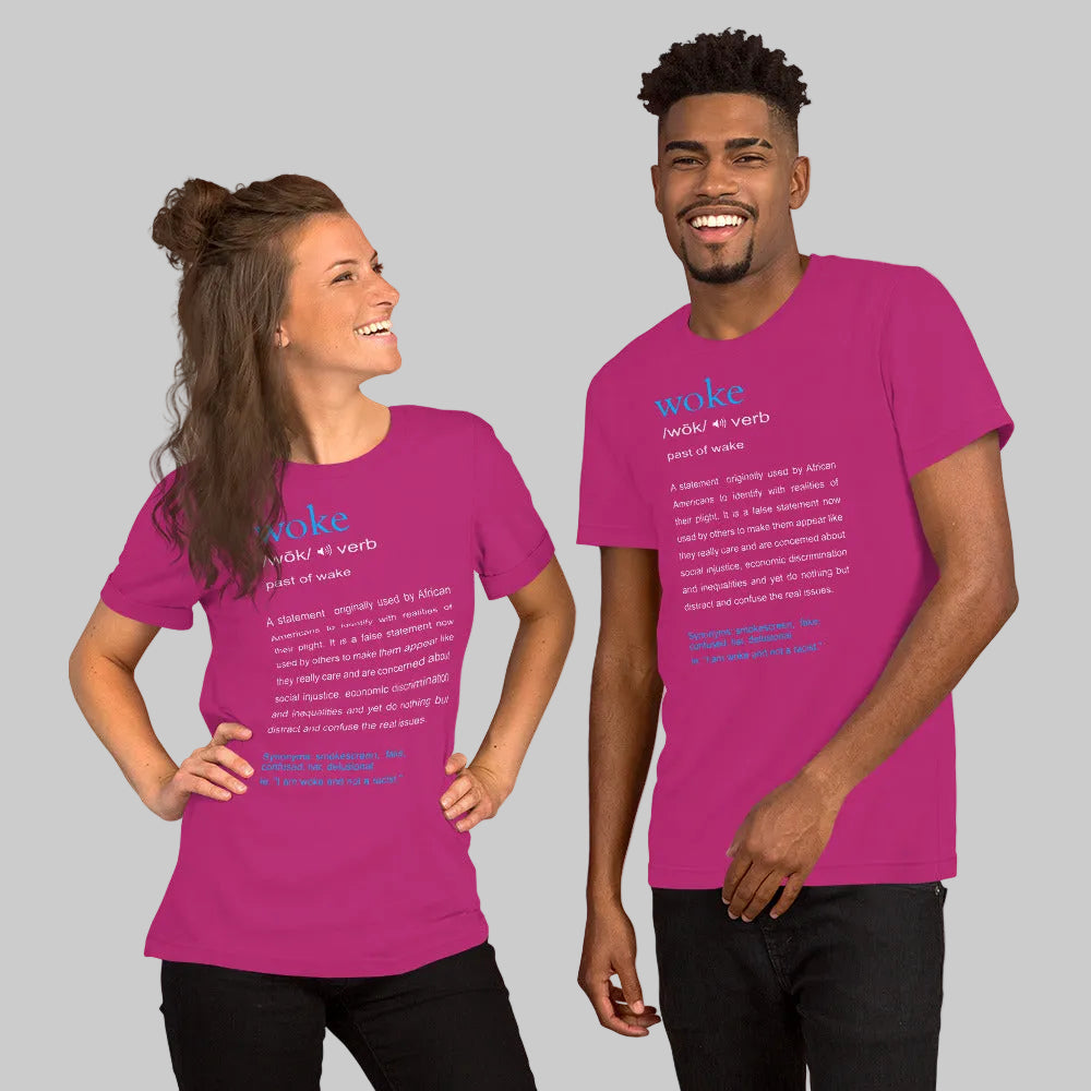 A man and a woman smiling and wearing berry crew neck t-shirts with the word 'woke' printed in blue text, along with a definition and a phrase.
